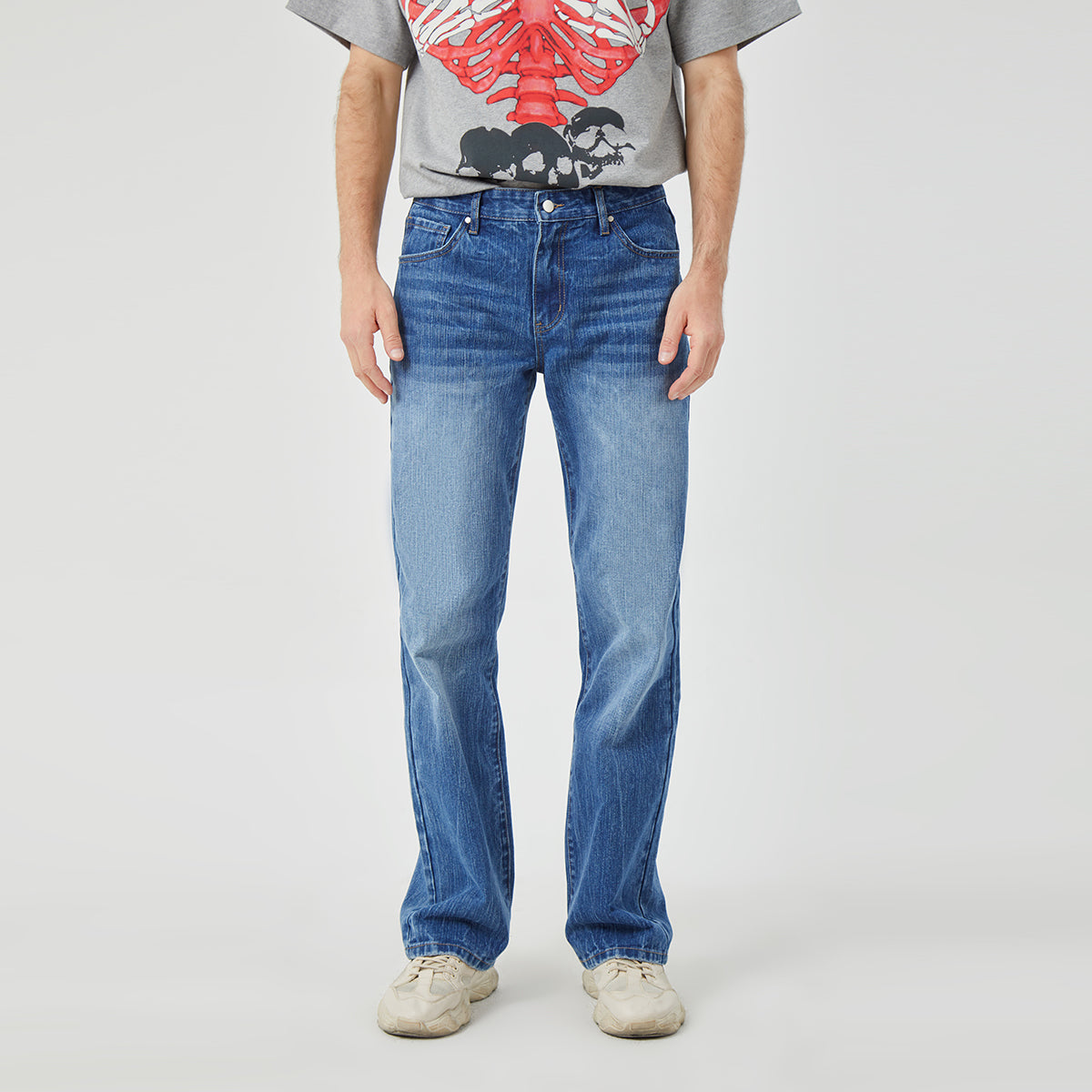ROCK&CALEB Mid Blue Men's Straight - Leg Jeans