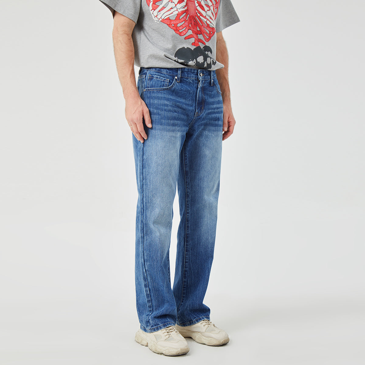 ROCK&CALEB Mid Blue Men's Straight - Leg Jeans