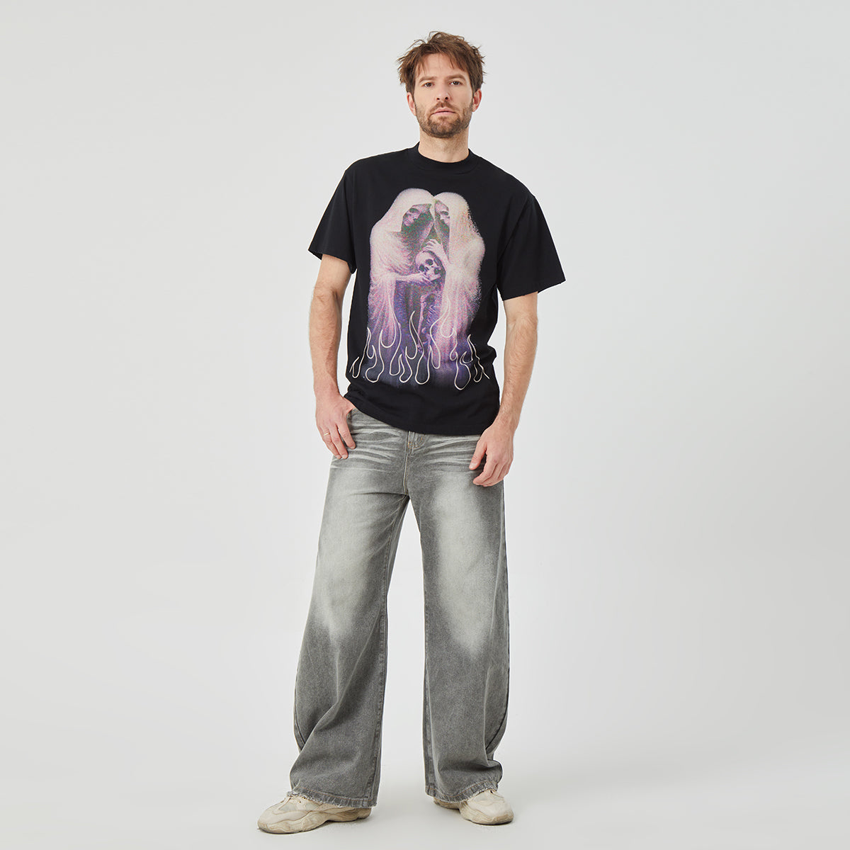 Ghostly Skull and Flame Graphic T-shirt