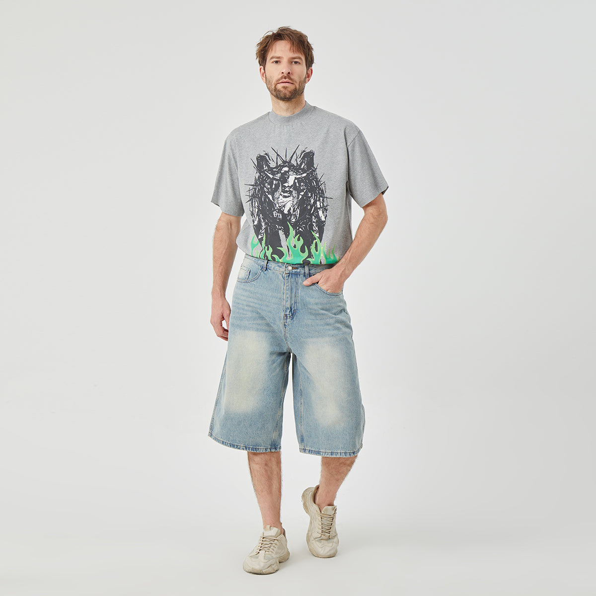 ROCK&CALEB light Blue Distressed Mid-Rise Wide-Leg Short Jeans