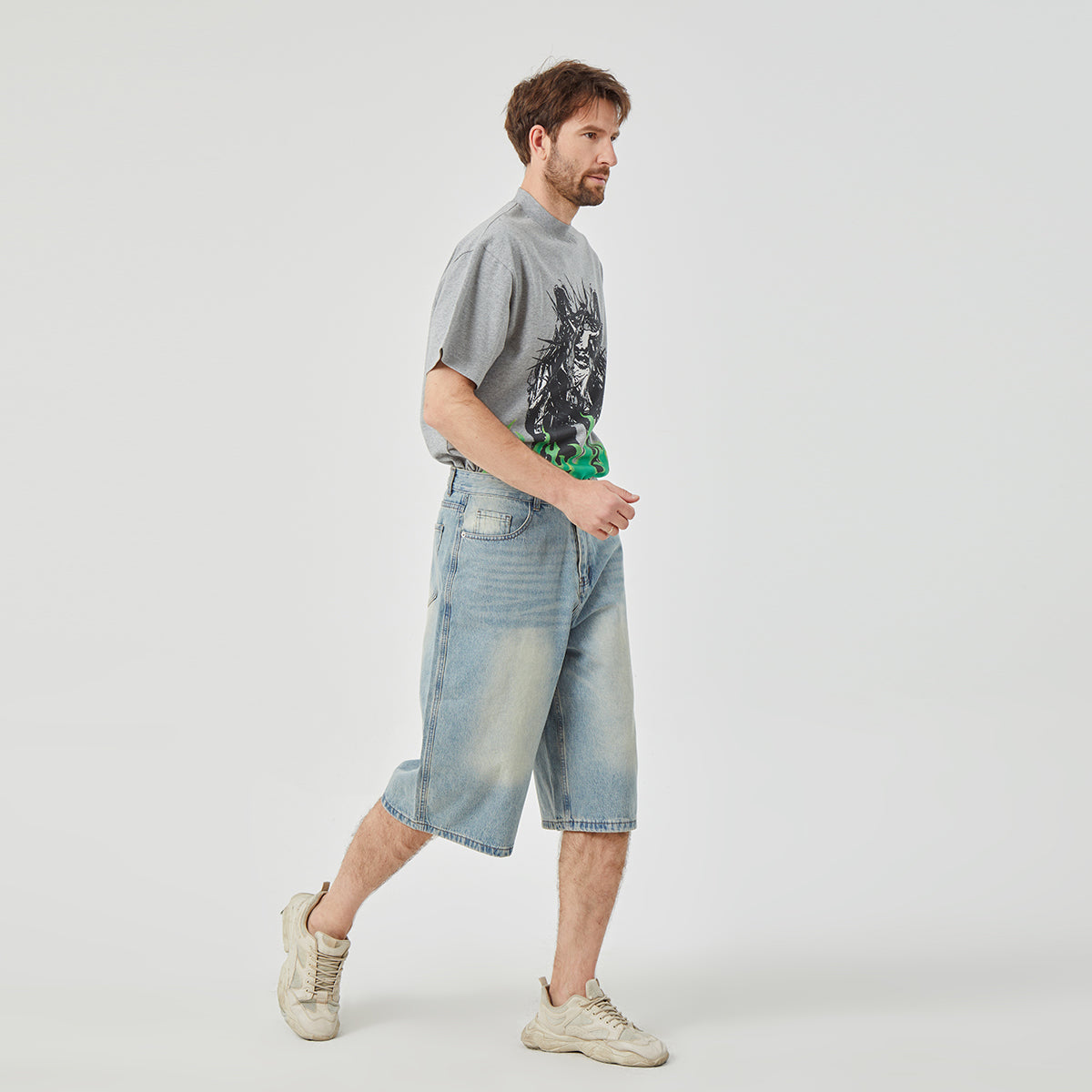 ROCK&CALEB light Blue Distressed Mid-Rise Wide-Leg Short Jeans