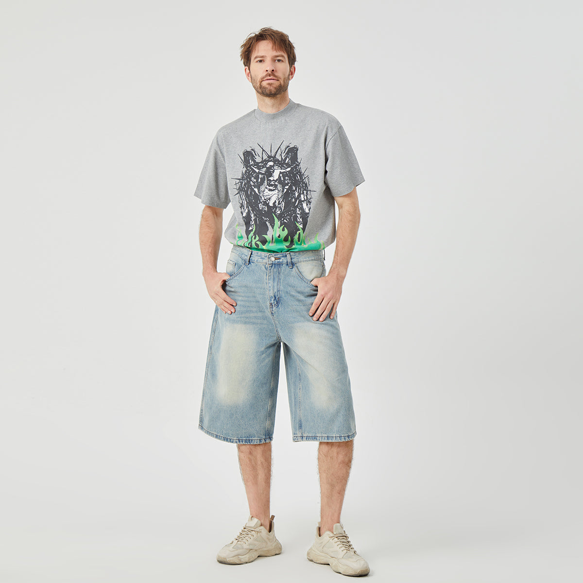 ROCK&CALEB light Blue Distressed Mid-Rise Wide-Leg Short Jeans