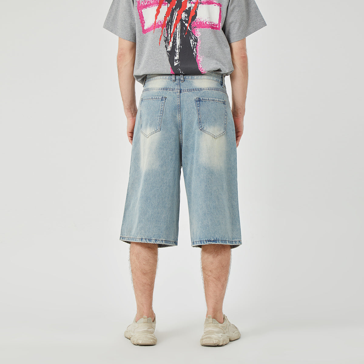 ROCK&CALEB light Blue Distressed Mid-Rise Wide-Leg Short Jeans