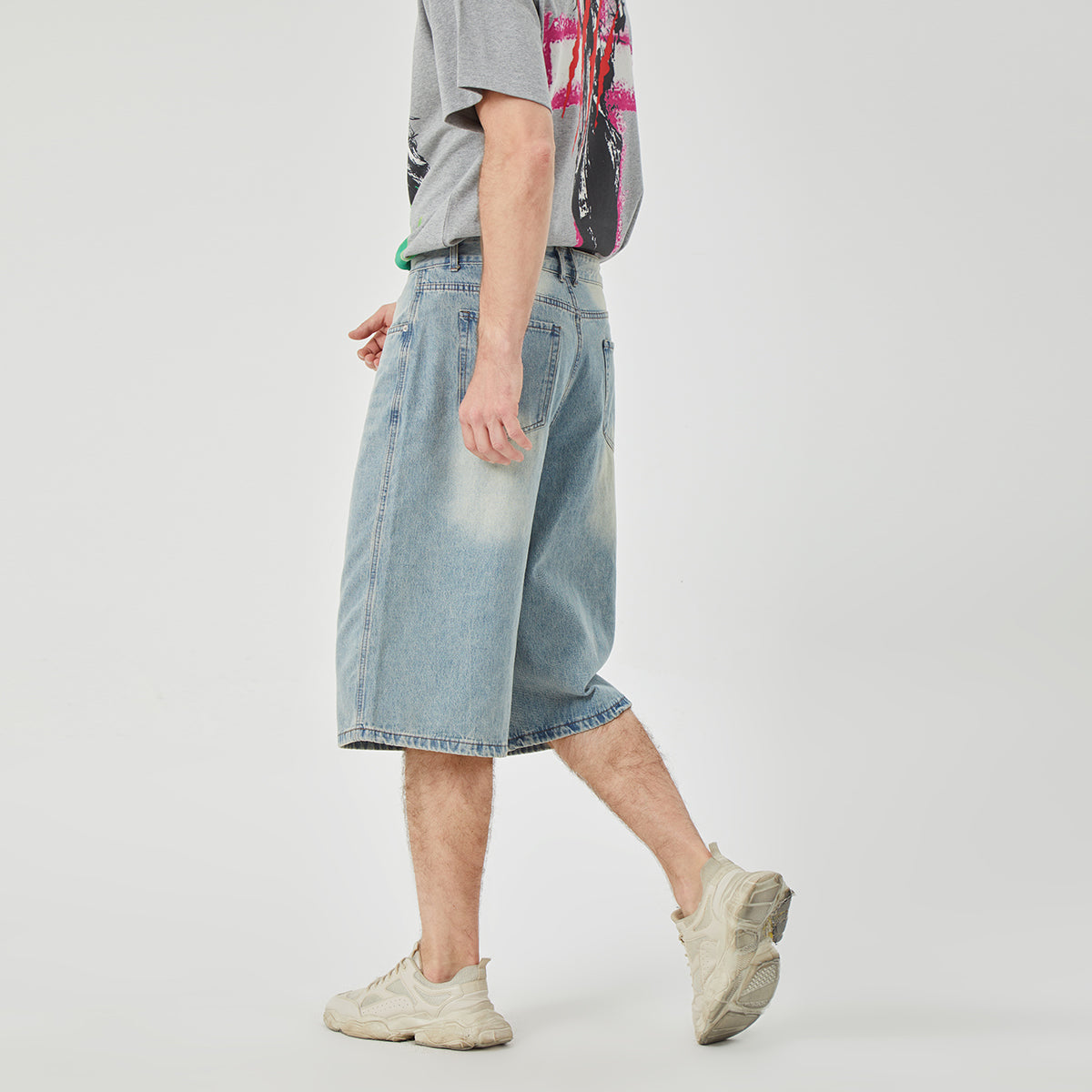 ROCK&CALEB light Blue Distressed Mid-Rise Wide-Leg Short Jeans