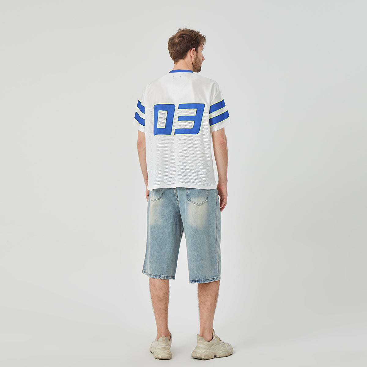 ROCK&CALEB Men's White Blue-striped Sports T-shirt