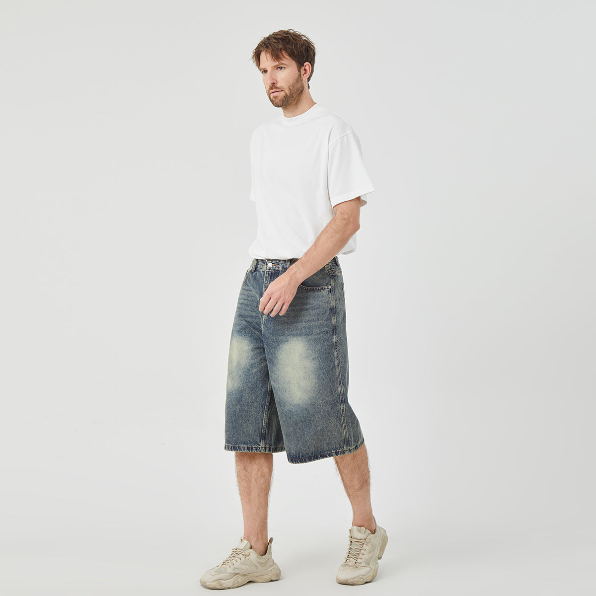ROCK&CALEB Mid Blue Distressed Mid-Rise Wide-Leg Short Jeans