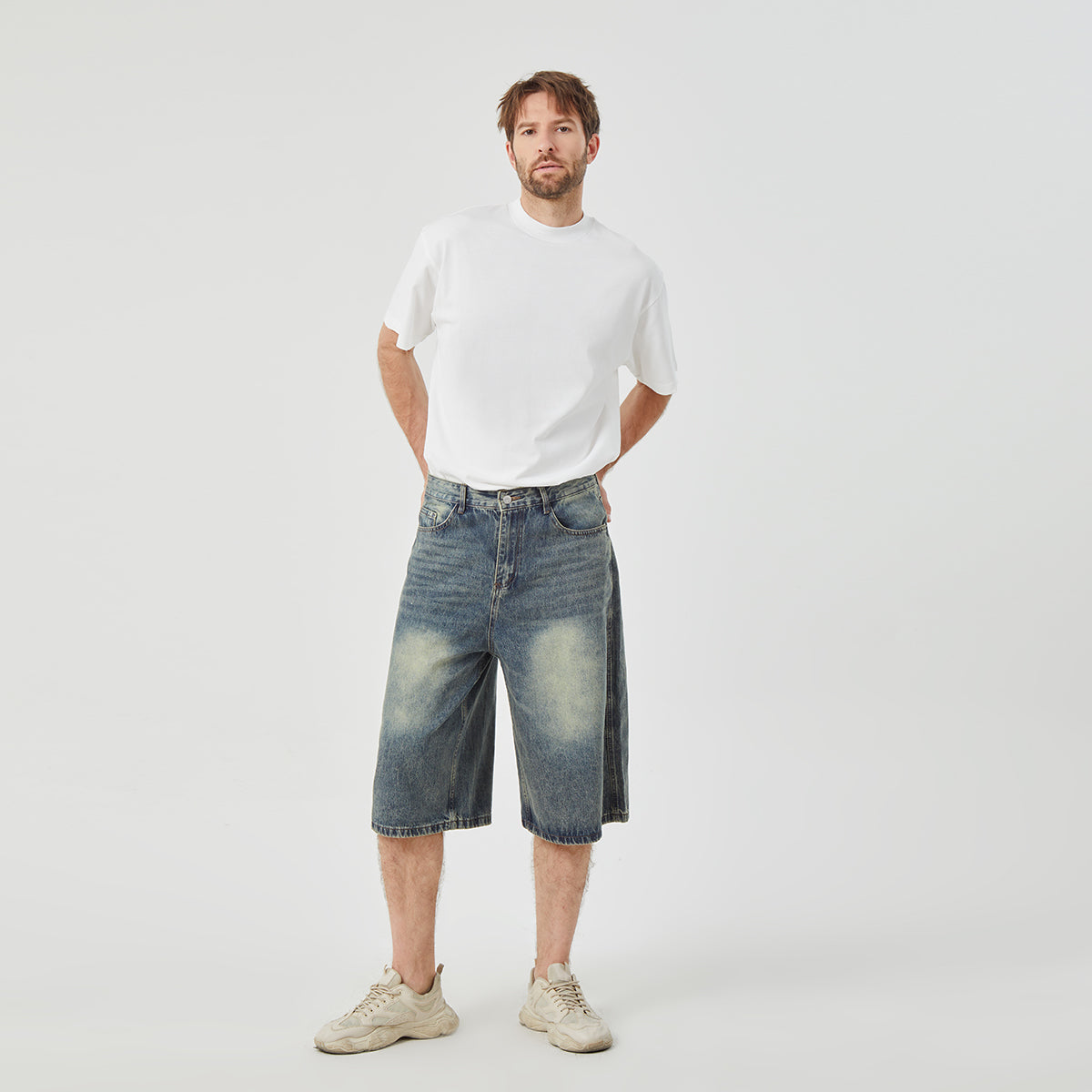 ROCK&CALEB Mid Blue Distressed Mid-Rise Wide-Leg Short Jeans