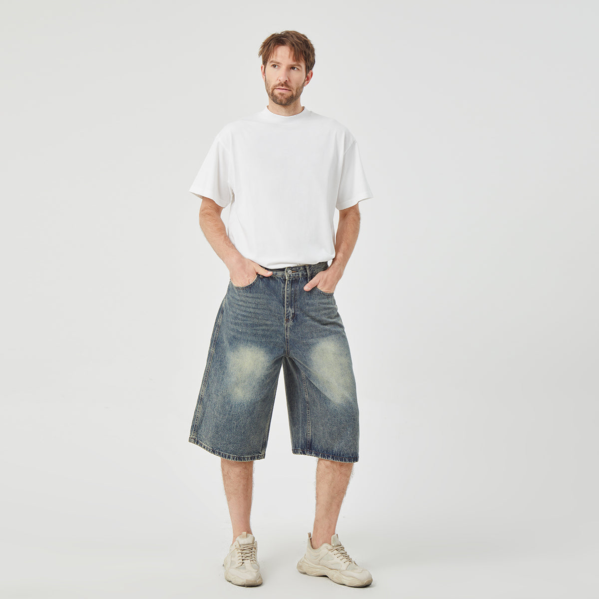ROCK&CALEB Mid Blue Distressed Mid-Rise Wide-Leg Short Jeans