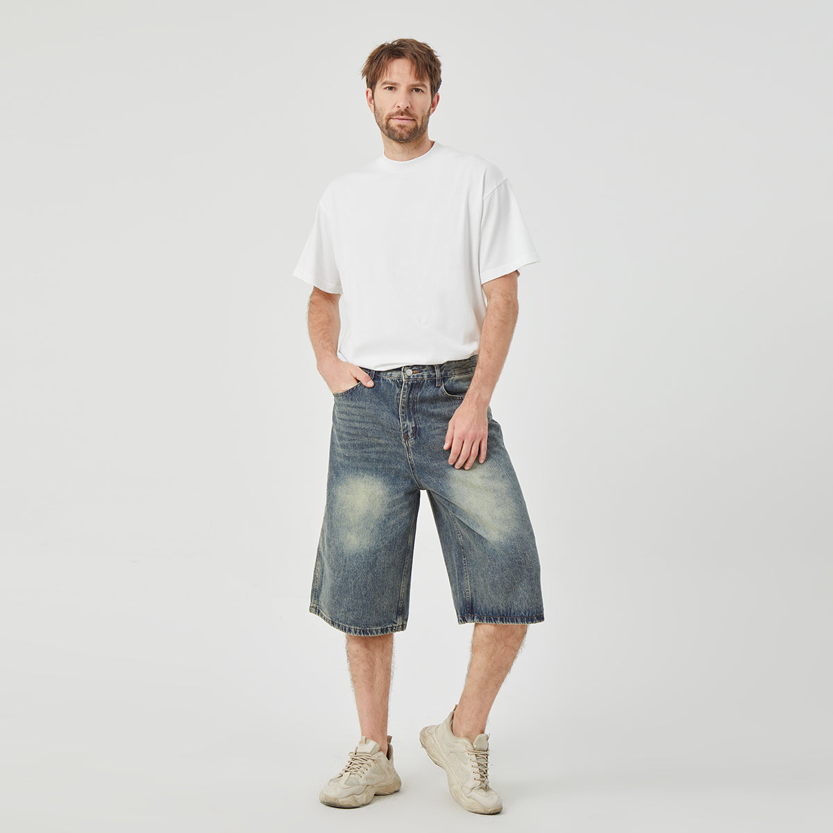 ROCK&CALEB Mid Blue Distressed Mid-Rise Wide-Leg Short Jeans