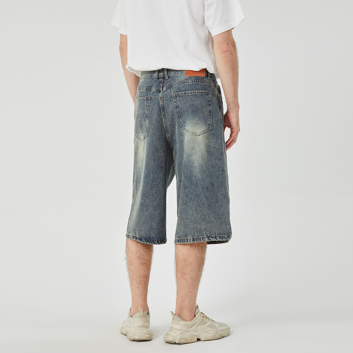 ROCK&CALEB Mid Blue Distressed Mid-Rise Wide-Leg Short Jeans