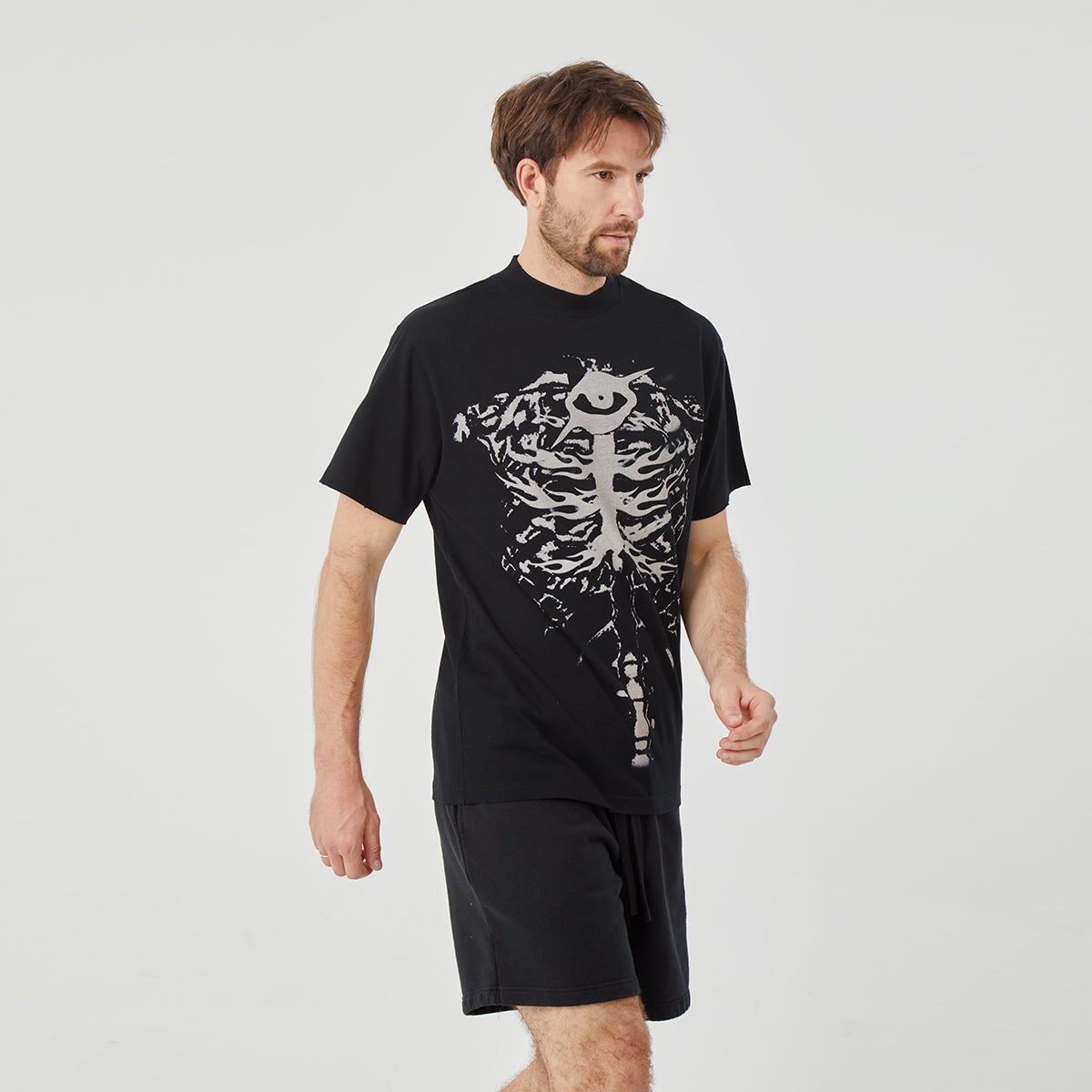 ROCK&CALEB Men’s Black Short - Sleeve T - Shirt with White Skeleton Graphic
