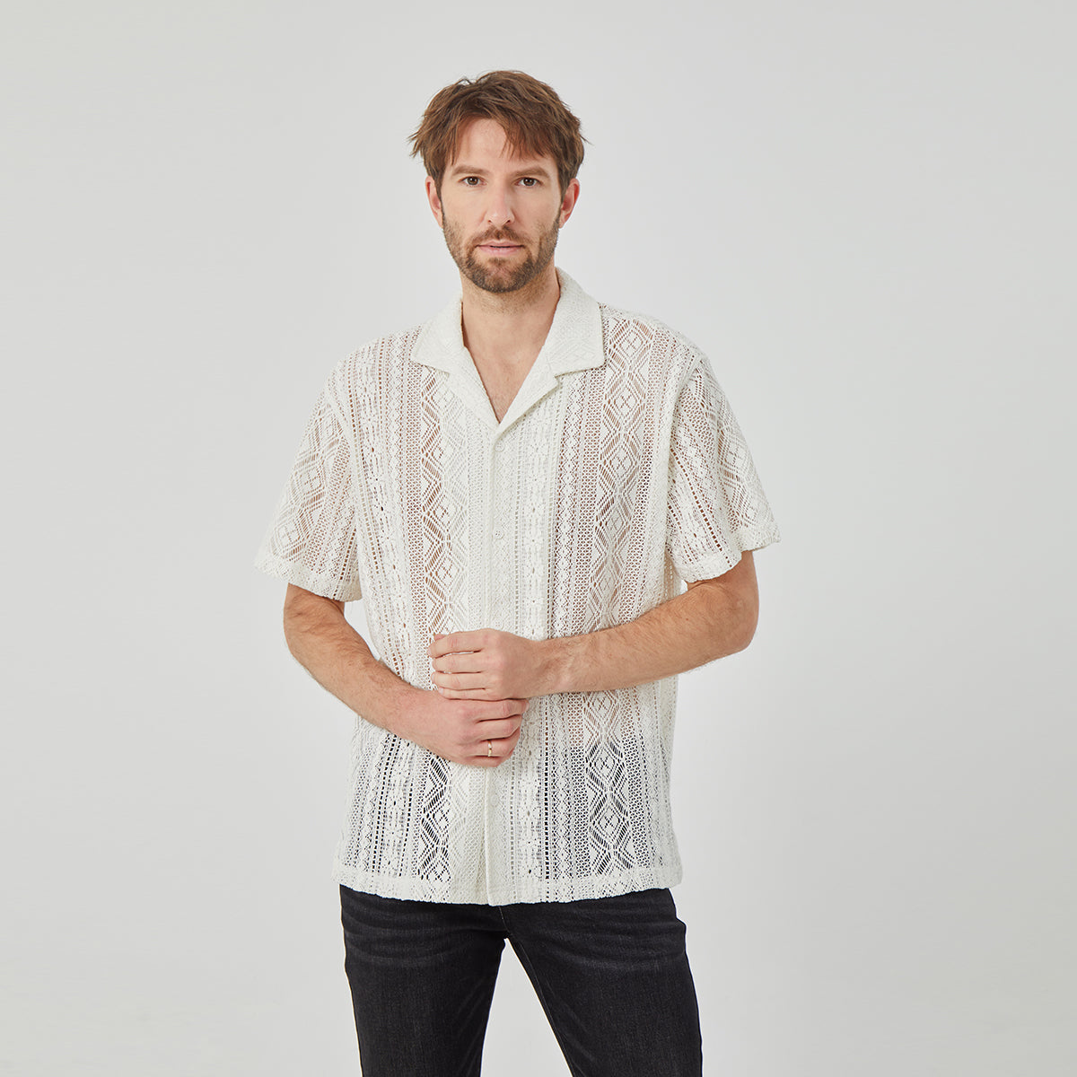 ROCK&CALEB Men's White Mesh Sleeve Shirt