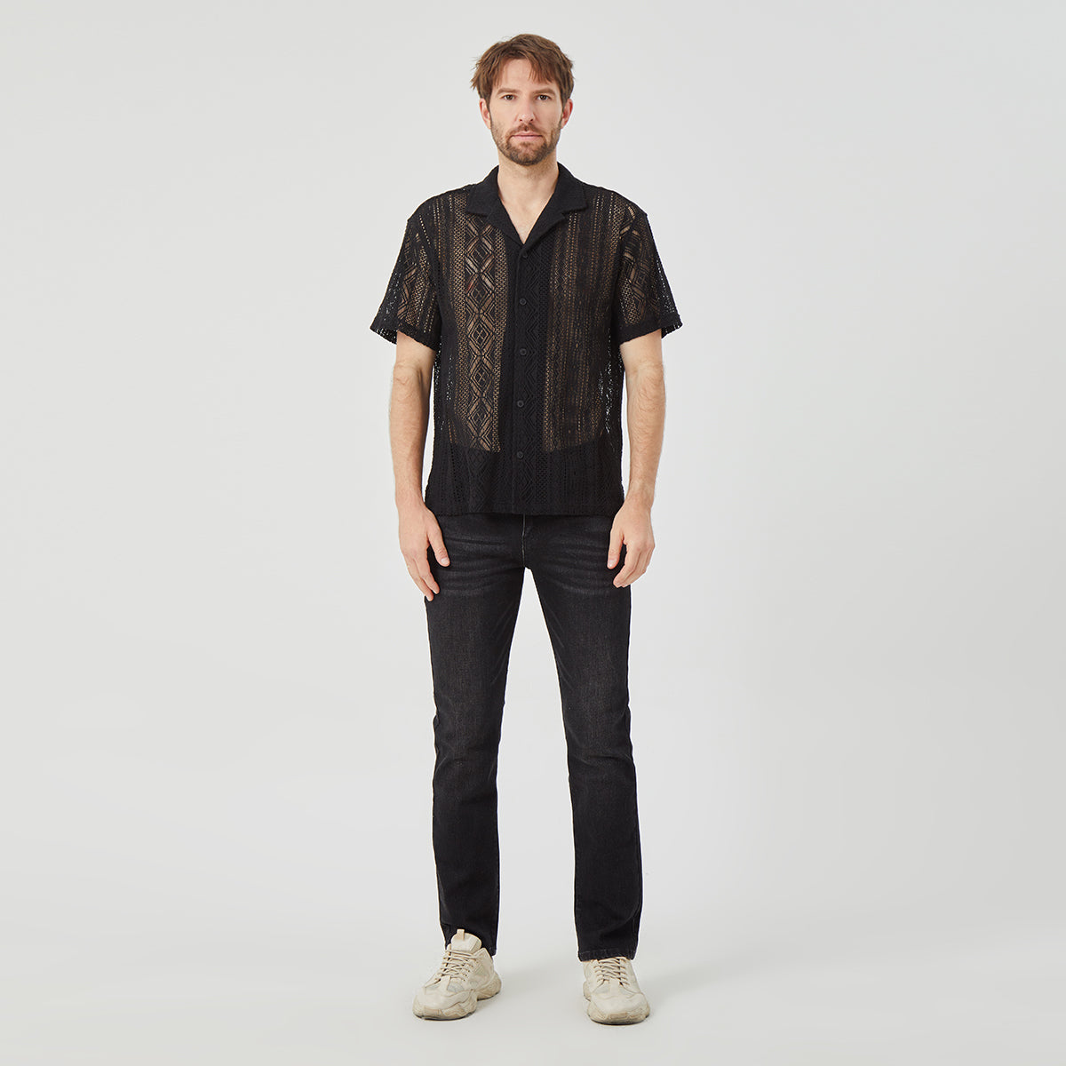 ROCK&CALEB Men's Black Mesh Sleeve Shirt
