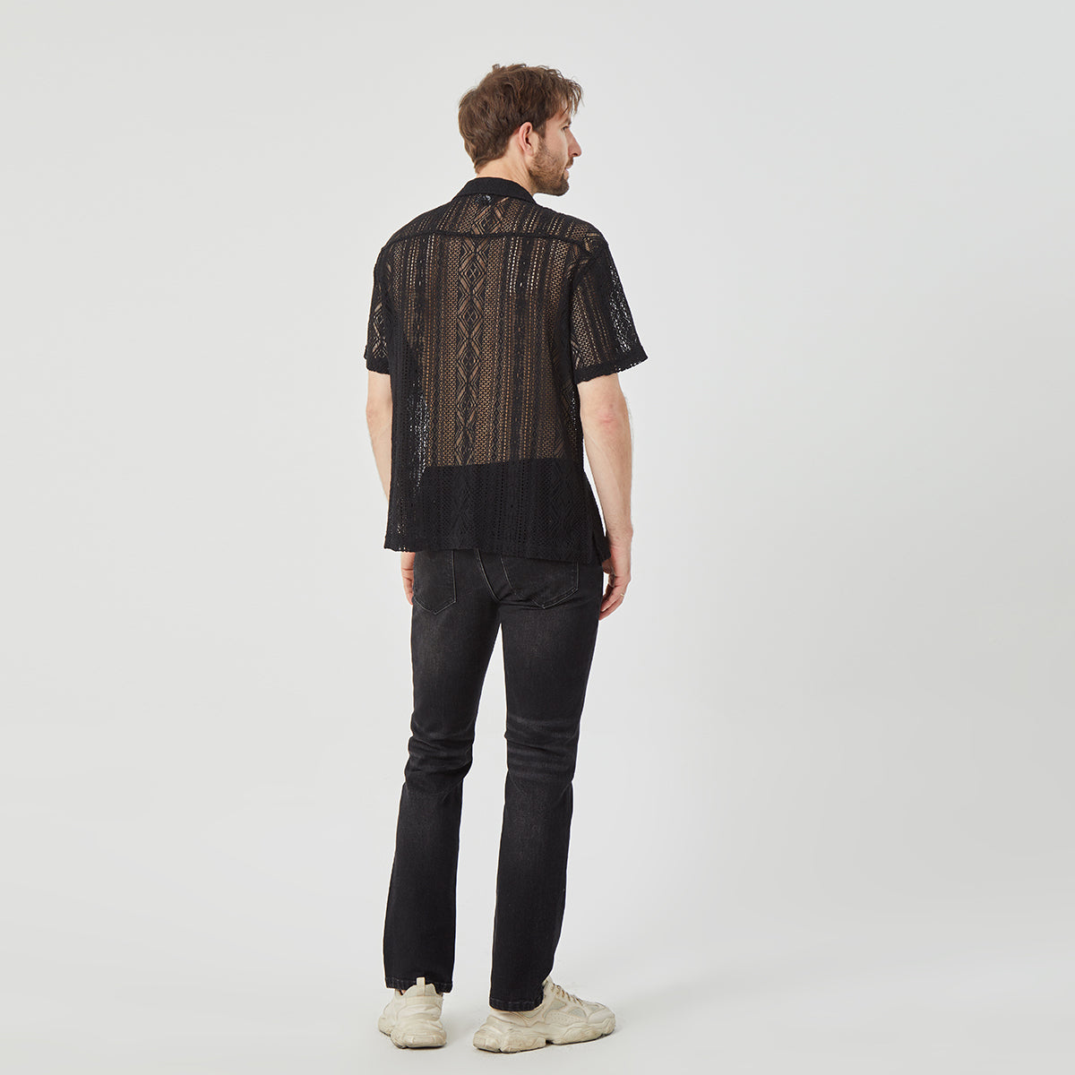 ROCK&CALEB Men's Black Mesh Sleeve Shirt