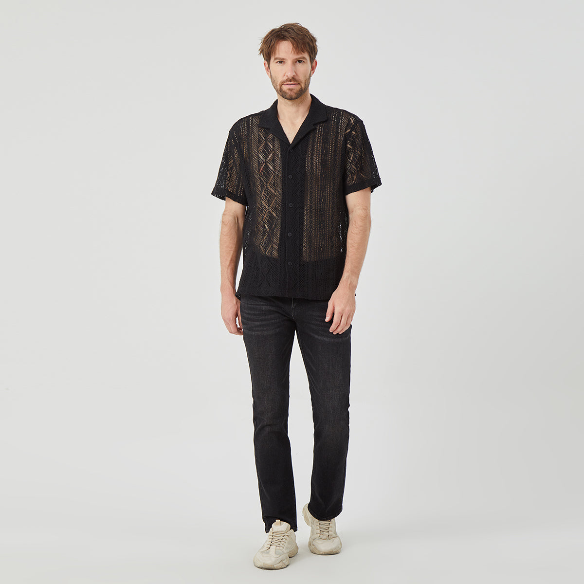 ROCK&CALEB Men's Black Mesh Sleeve Shirt