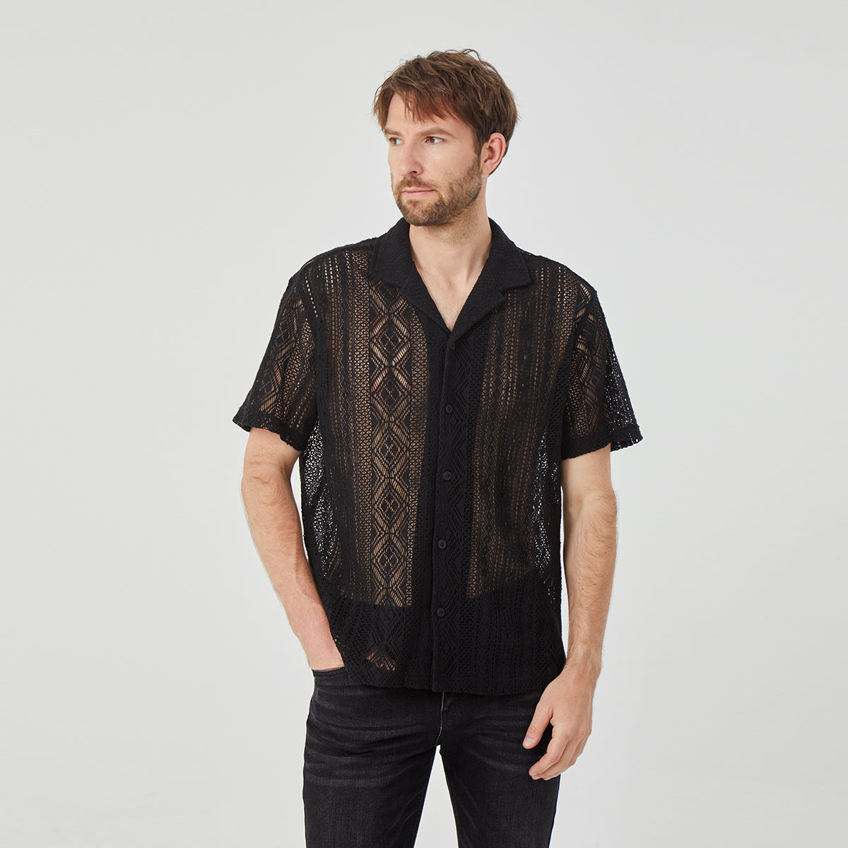 ROCK&CALEB Men's Black Mesh Sleeve Shirt
