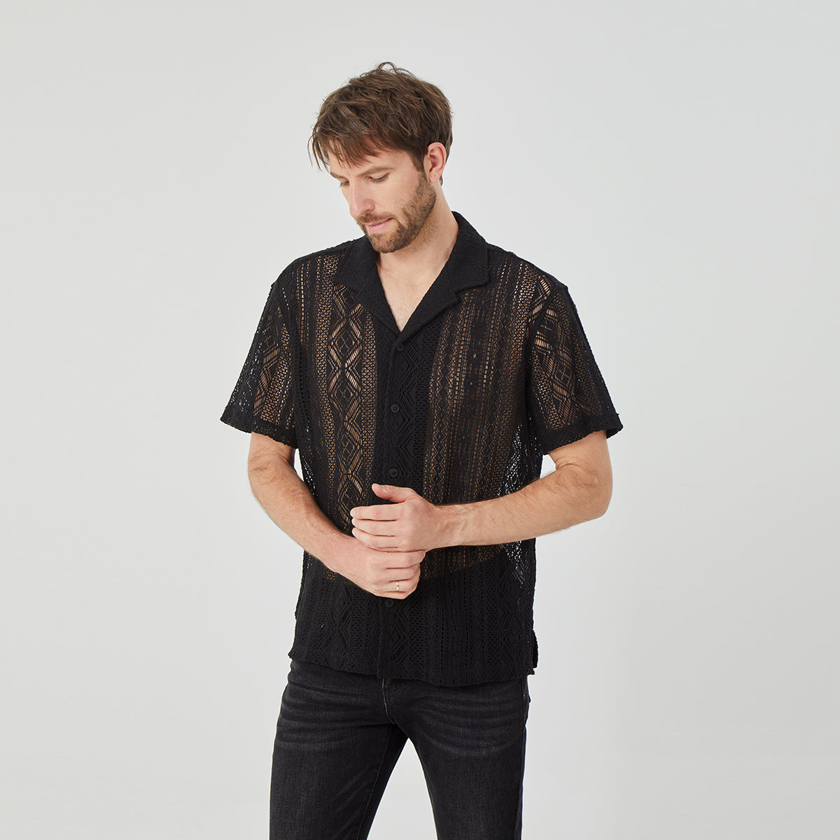 ROCK&CALEB Men's Black Mesh Sleeve Shirt