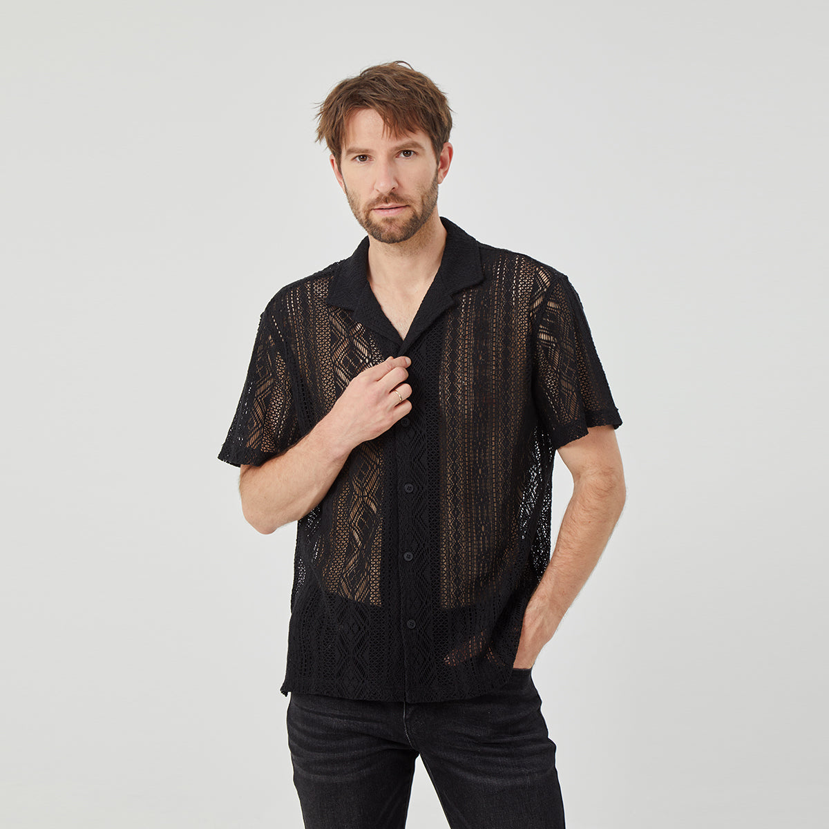 ROCK&CALEB Men's Black Mesh Sleeve Shirt