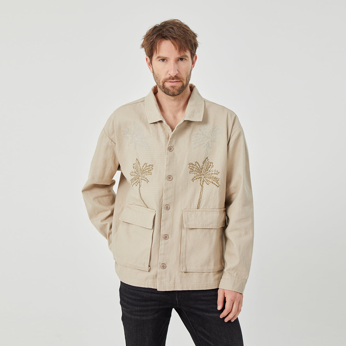 ROCK&CALEB Men's Beige Embroidered Palm