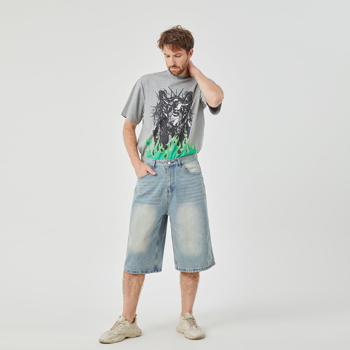ROCK&CALEB light Blue Distressed Mid-Rise Wide-Leg Short Jeans