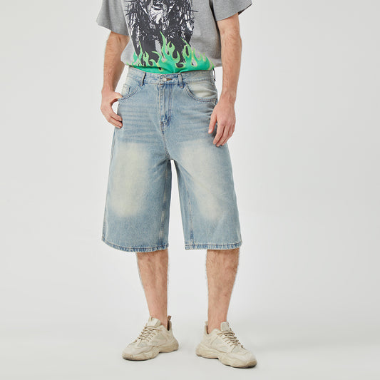 ROCK&CALEB light Blue Distressed Mid-Rise Wide-Leg Short Jeans