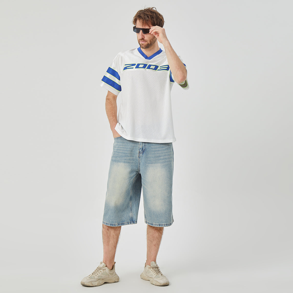 ROCK&CALEB Men's White Blue-striped Sports T-shirt