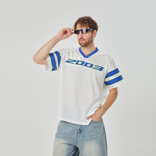 ROCK&CALEB Men's White Blue-striped Sports T-shirt
