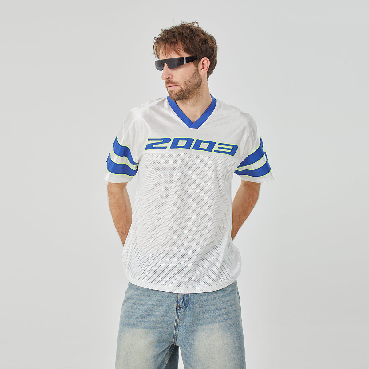 ROCK&CALEB Men's White Blue-striped Sports T-shirt