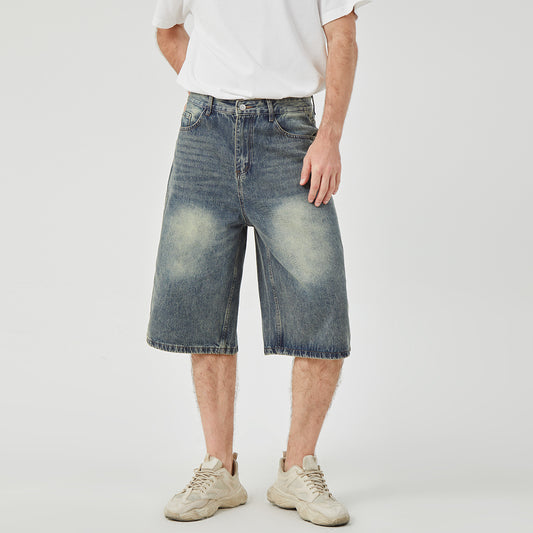 ROCK&CALEB Mid Blue Distressed Mid-Rise Wide-Leg Short Jeans