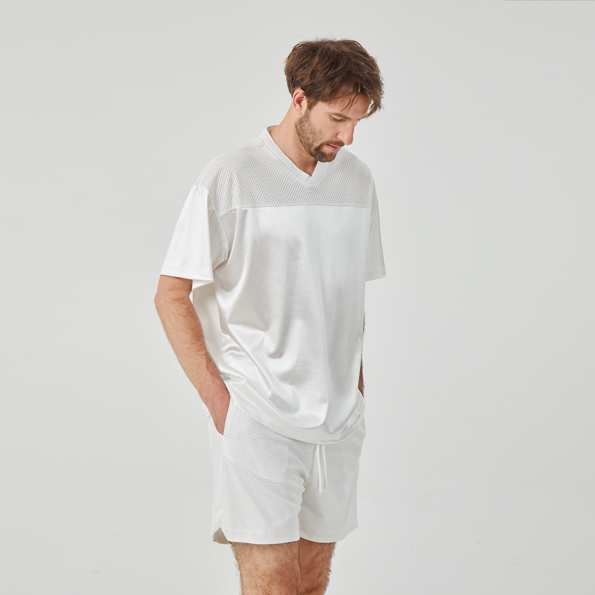 Men's White Athletic V - Neck Short - Sleeve Shirt