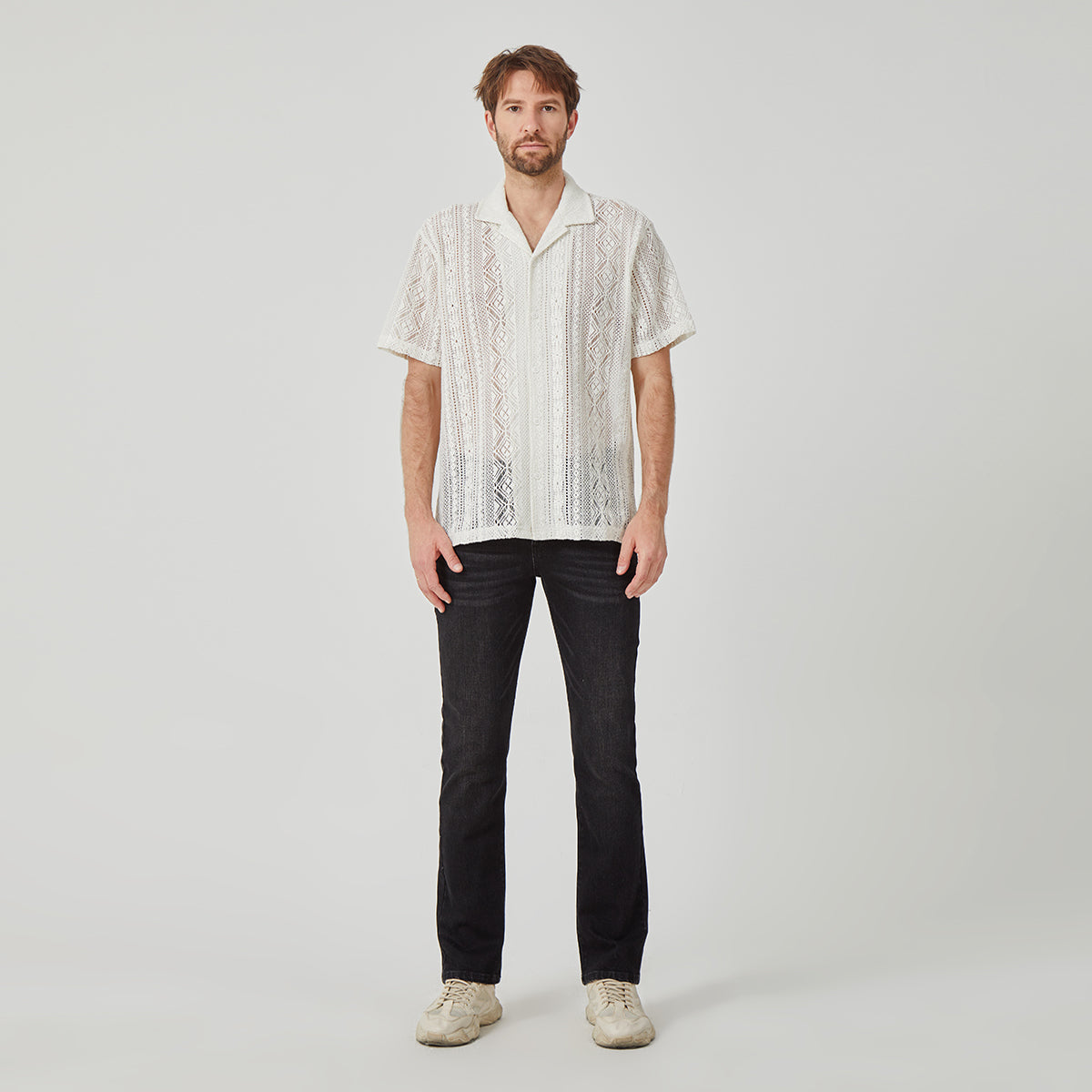 ROCK&CALEB Men's White Mesh Sleeve Shirt