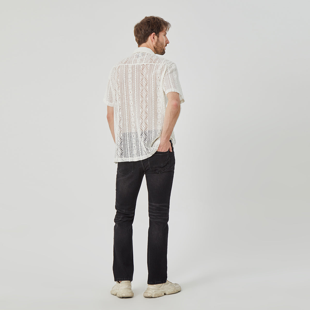 ROCK&CALEB Men's White Mesh Sleeve Shirt