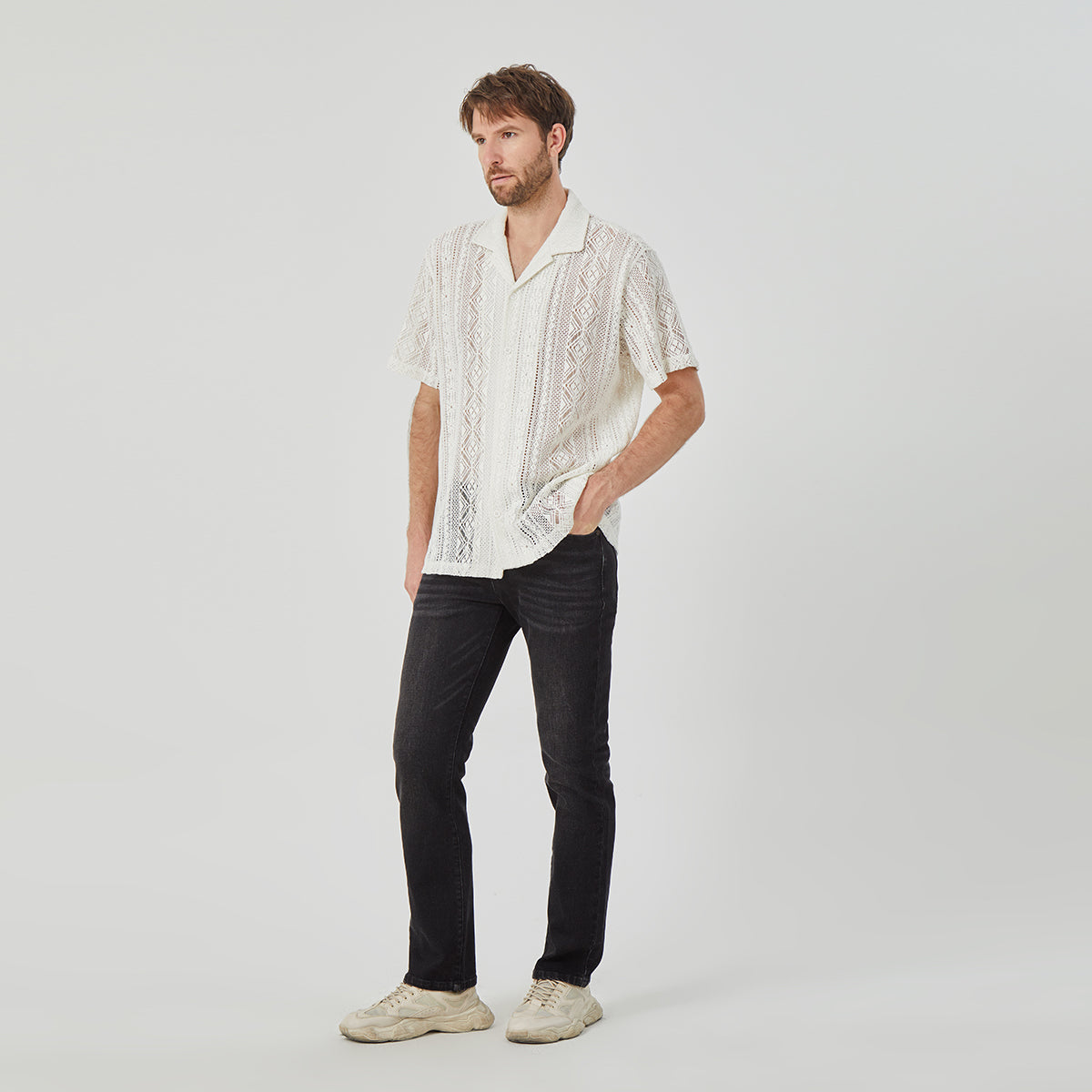 ROCK&CALEB Men's White Mesh Sleeve Shirt