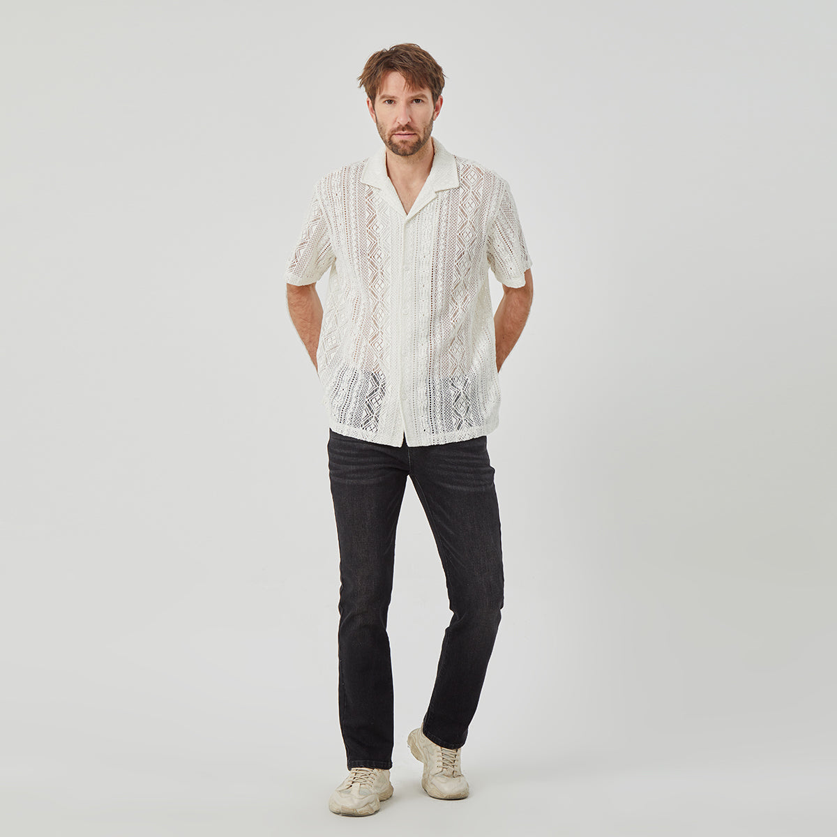 ROCK&CALEB Men's White Mesh Sleeve Shirt