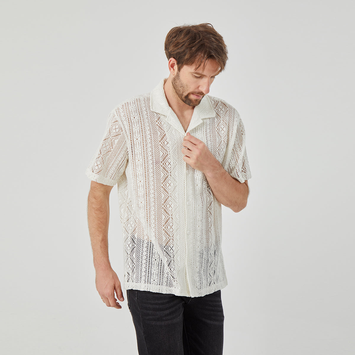 ROCK&CALEB Men's White Mesh Sleeve Shirt