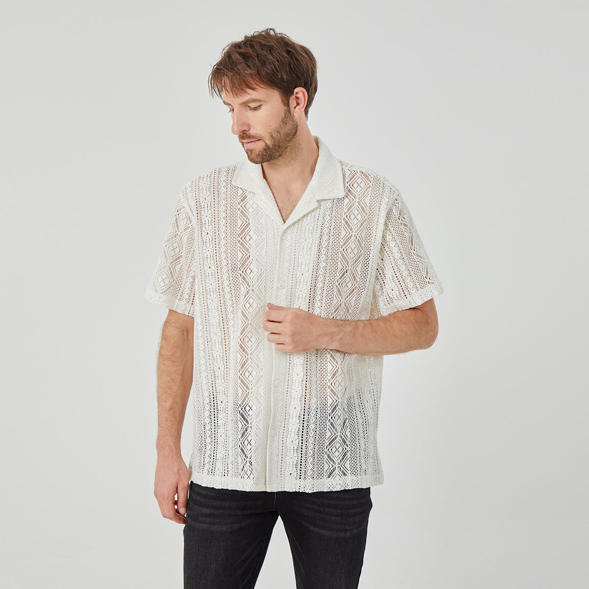 ROCK&CALEB Men's White Mesh Sleeve Shirt