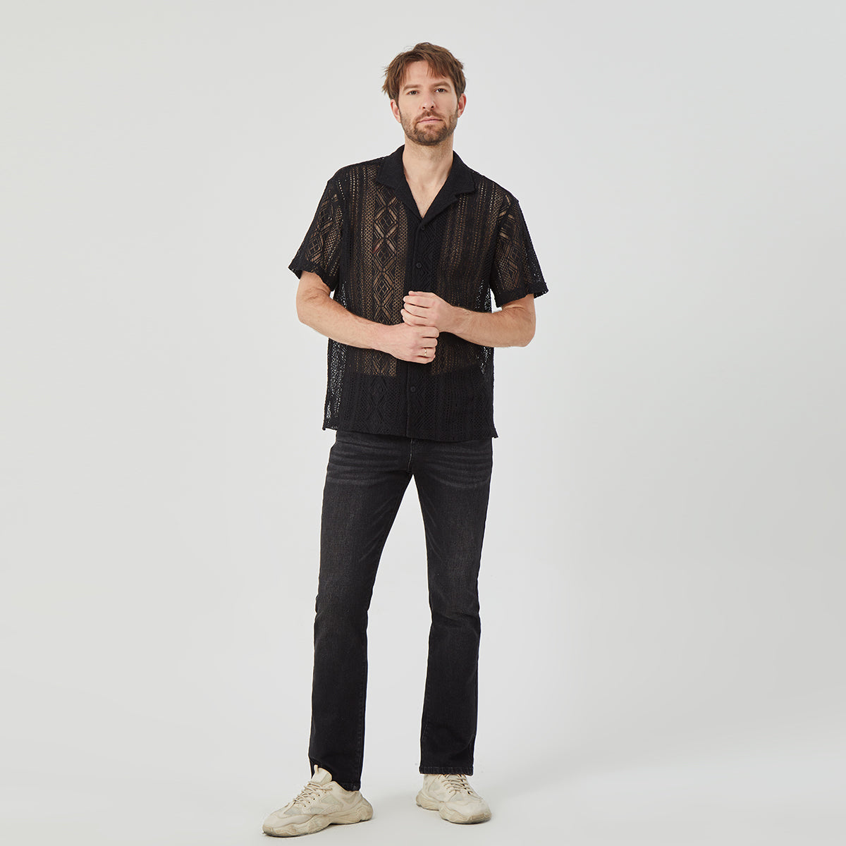 ROCK&CALEB Men's Black Mesh Sleeve Shirt