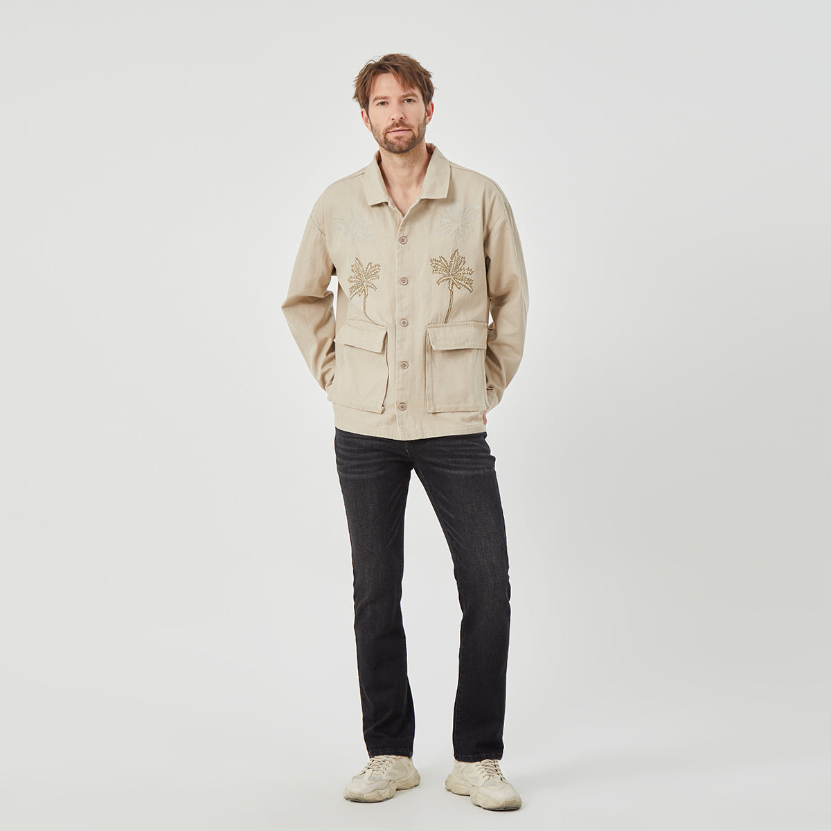 ROCK&CALEB Men's Beige Embroidered Palm