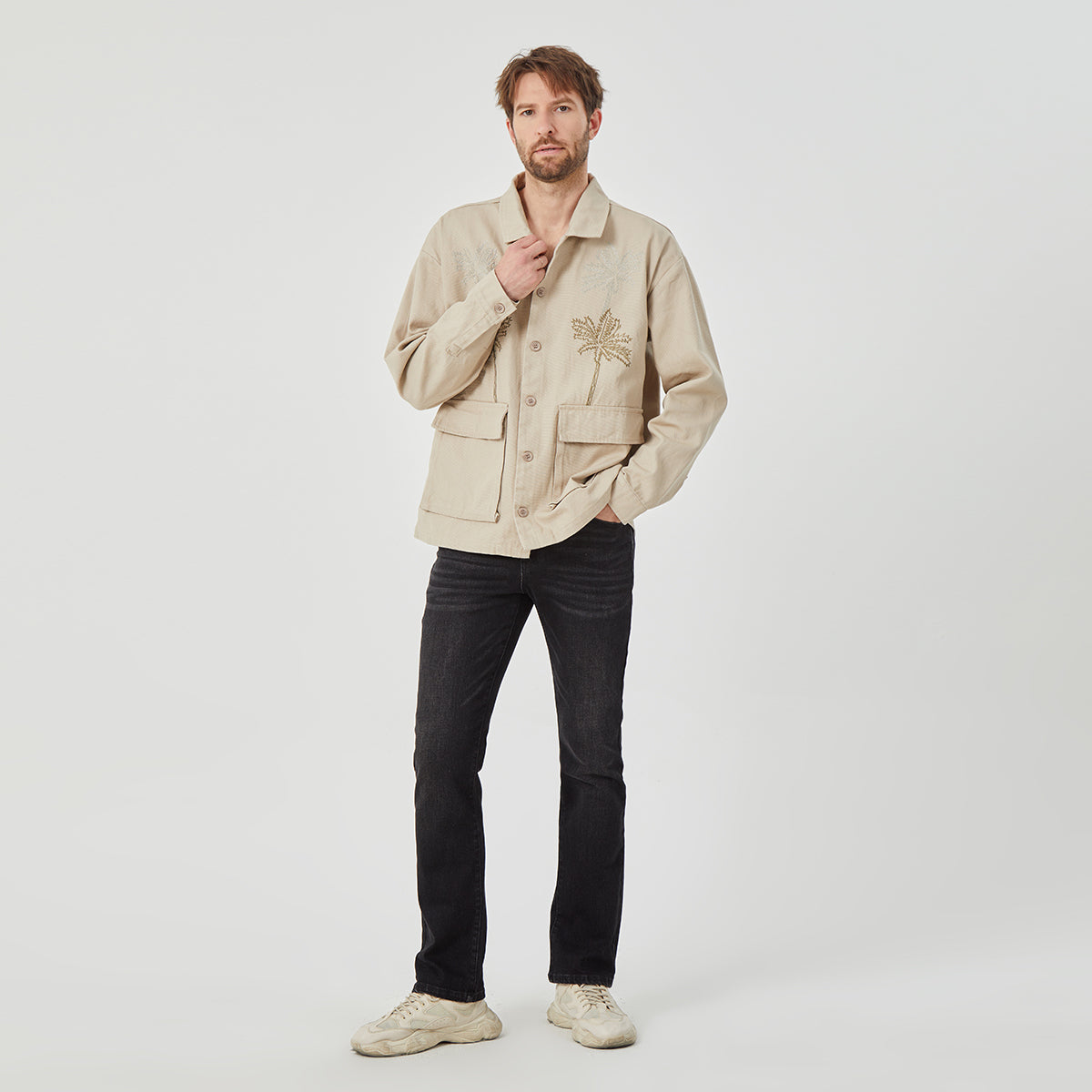 ROCK&CALEB Men's Beige Embroidered Palm